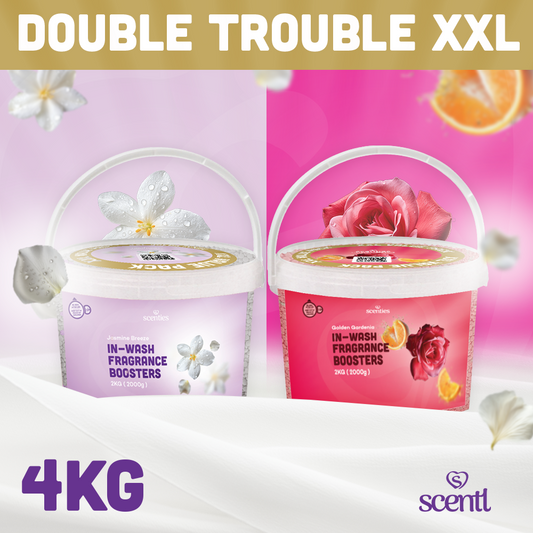 Two 2KG containers of Scentl In-Wash Fragrance Boosters with floral designs on a pink and purple background.