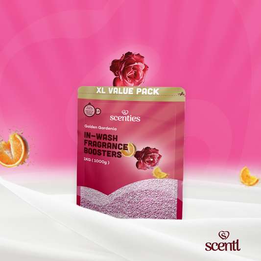 Scentl in-wash fragrance boosters packaging with a pink background and rose and orange elements.