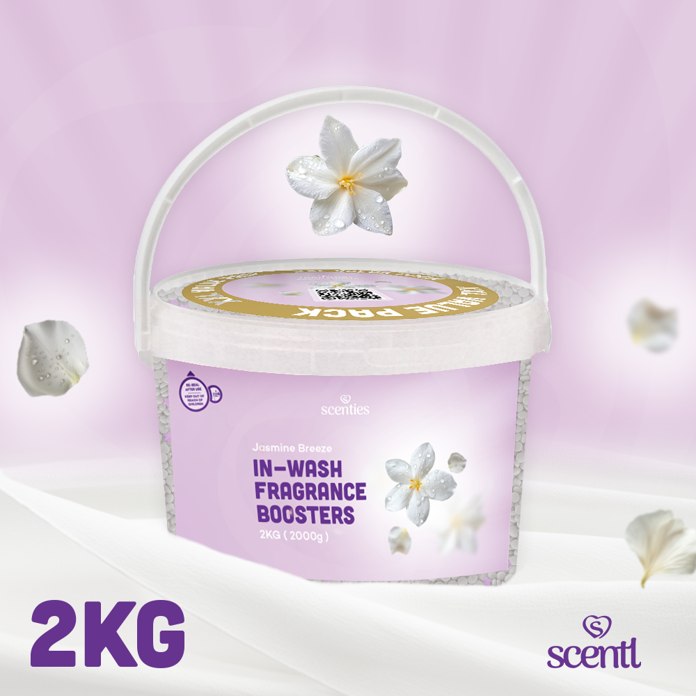 Scentl in-wash fragrance boosters packaging with flowers on a light purple background